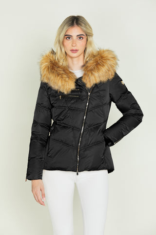 PYLET_ZIP long-sleeved down jacket with pockets and transversal zip and hood with faux fur