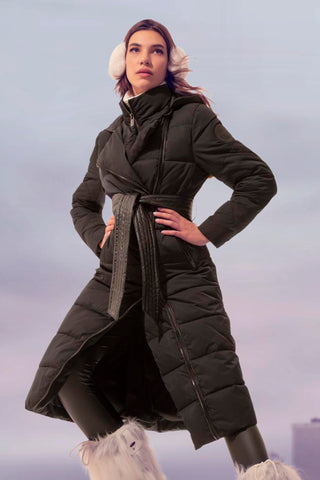 SACHIKO long-sleeved down jacket with hood plus zip and eco-leather belt