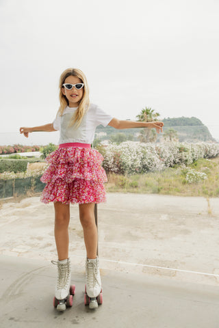 Short CALEO skirt with flower print flounces