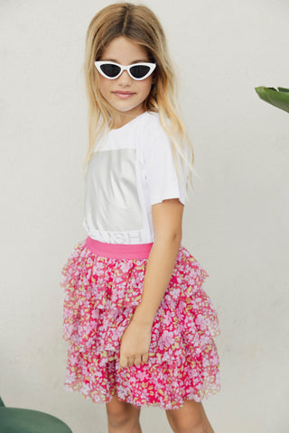 Short CALEO skirt with flower print flounces