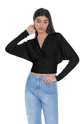 Blusa BETTY manica lunga pipistrello scollo incrocio con pieghe più arricci