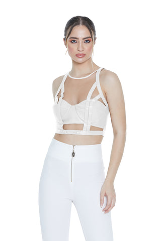 Crop-top DALIM con reggiseno ecopelle più fibbia davanti più tulle più zip retro