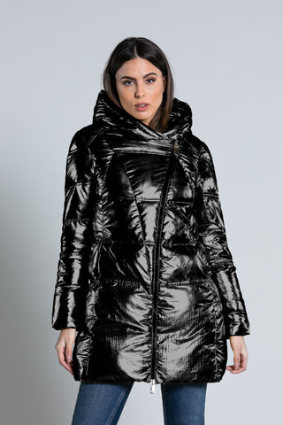 ESSA long-sleeved down jacket with hood and metallic effect transversal zip