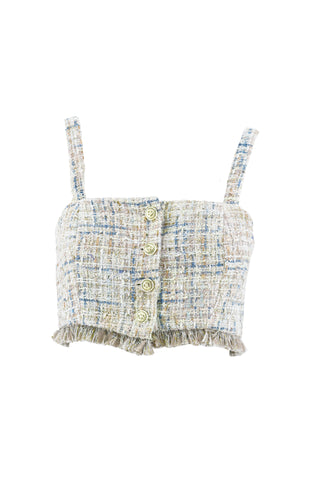 FUMIE crop-top with shoulder pads and buttons, fringed tex chanel bottom