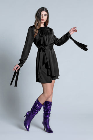 GEMA short long sleeve dress with drop back sash plus ruffles and belt