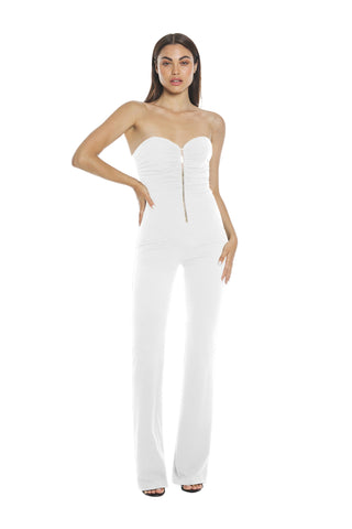 GOTHAM sleeveless jumpsuit with sweetheart neckline and gathered zip