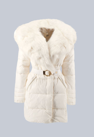 Long ISLANDER down jacket with long sleeves and large faux fur collar. more Belt