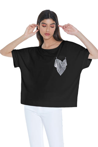 T-shirt METALIO mezza manica con risvolto scollo ampio più taschino con maglia metallo