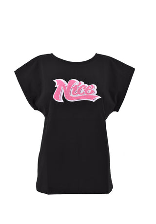 NICERY half-sleeve V-neck T-shirt with nice glitter print 