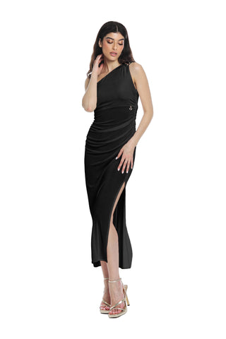 QUTUZ one-shoulder midi dress with buckle plus gathers and slit