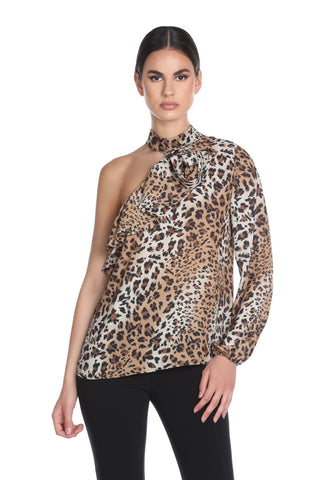HUTR s/l one-shoulder blouse with collar and patterned ruffles. Spotted 
