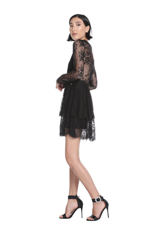 Abito DRESSINO corto manica lunga scollo a V ampio con balze pizzo