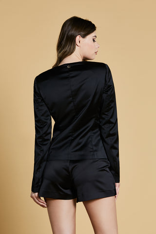 MOSTOF collarless long sleeve jacket with hooks and bow