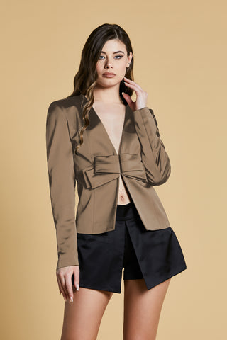 MOSTOF collarless long sleeve jacket with hooks and bow