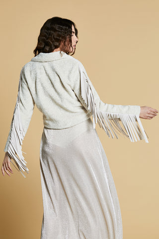 NESU eco fur, short, long sleeves, biker jacket with eco-leather inserts and fringes