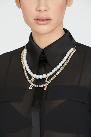DIRANNE long sleeve shirt with satin facing and pearl and rhinestone letter necklace
