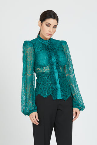 TERAMY long-sleeved shirt with collar and ruffles plus satin lace inserts