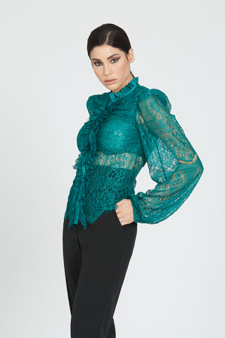 TERAMY long-sleeved shirt with collar and ruffles plus satin lace inserts