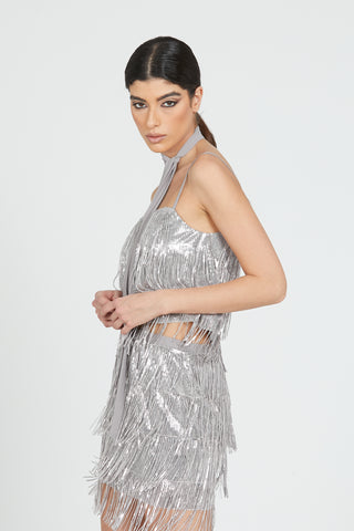 HUNYANG top with sequin fringe scarf