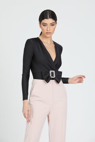 MUZTAGA long sleeve blouse with crossover body and rhinestone buckle bow