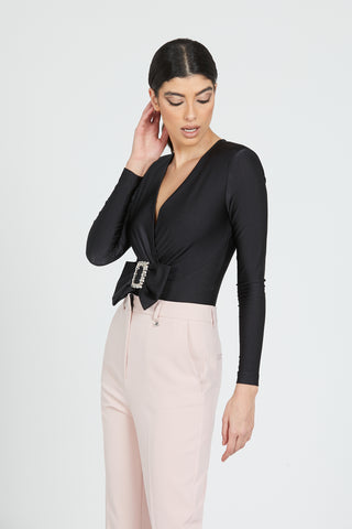 MUZTAGA long sleeve blouse with crossover body and rhinestone buckle bow