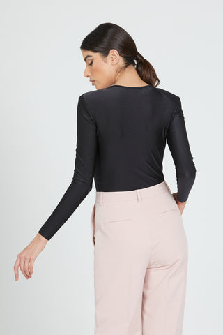 MUZTAGA long sleeve blouse with crossover body and rhinestone buckle bow