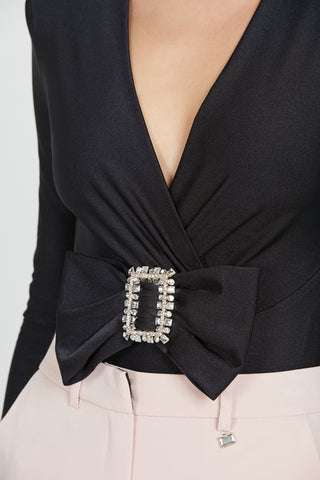 MUZTAGA long sleeve blouse with crossover body and rhinestone buckle bow