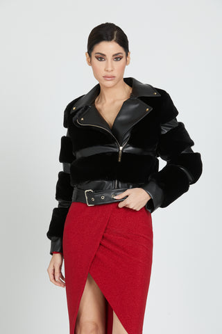 MANIA faux fur long sleeves with faux leather inserts belt