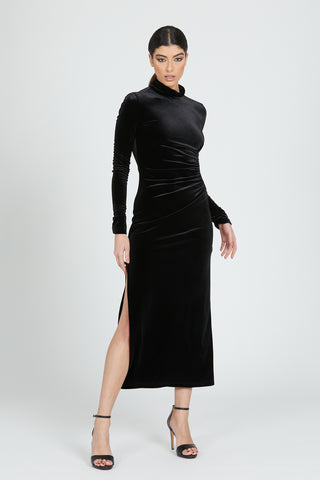 ADDA long chenille long sleeve dress with side opening and chain