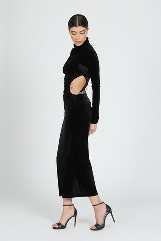 ADDA long chenille long sleeve dress with side opening and chain