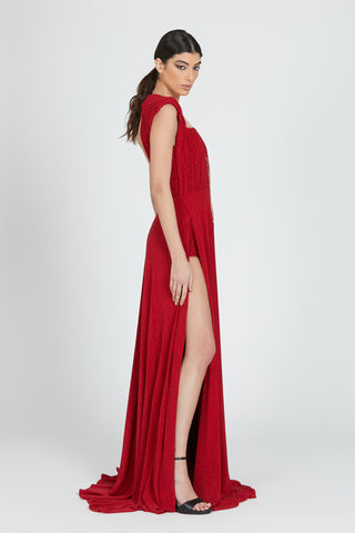 Long DEVI dress with back opening plus chain hanging rings plus lurex pleated tulle