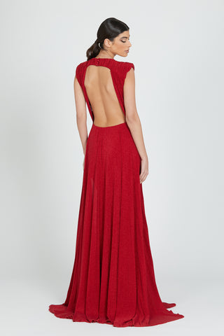 Long DEVI dress with back opening plus chain hanging rings plus lurex pleated tulle