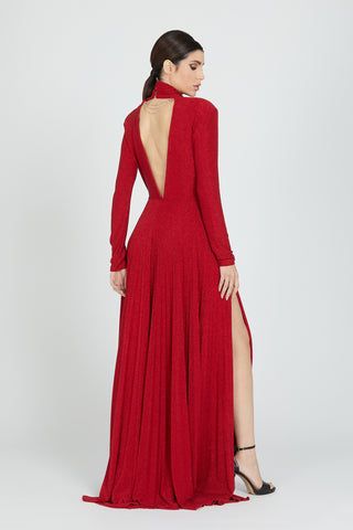 NEKKARA long dress, long sleeves with bow and chain on the back, deep pleated lurex