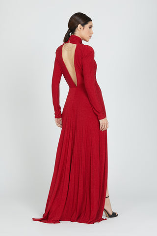 NEKKARA long dress, long sleeves with bow and chain on the back, deep pleated lurex