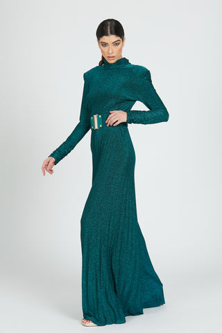 MUSTAGH long-sleeved jumpsuit with gathered collar. Plus belt opening behind lurex pleats