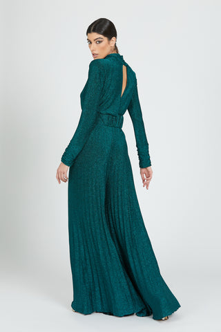 MUSTAGH long-sleeved jumpsuit with gathered collar. Plus belt opening behind lurex pleats