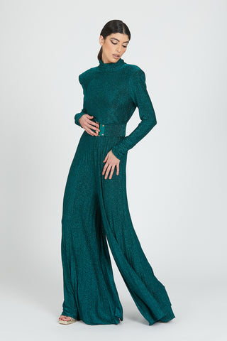 MUSTAGH long-sleeved jumpsuit with gathered collar. Plus belt opening behind lurex pleats