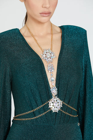 BATURA dress with deep v-neck, long sleeves and lurex rhinestone necklace