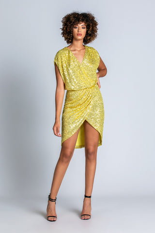 AGUNG short half-sleeved dress with flap neckline and full sequin wrap skirt