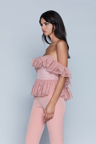 ROSE short half sleeve ruched top with tulle flounces 