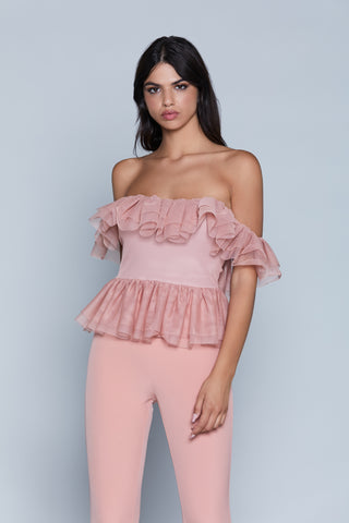 ROSE short half sleeve ruched top with tulle flounces 