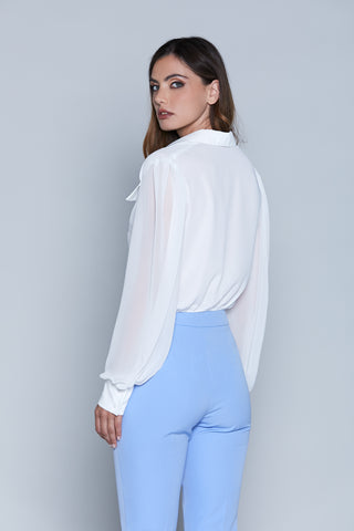 ERLA blouse, short, long sleeves, crossover neckline with fringes and pockets 