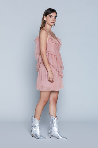 DAFFODILS short one-shoulder half-sleeve dress with ruffles and tulle flounces 