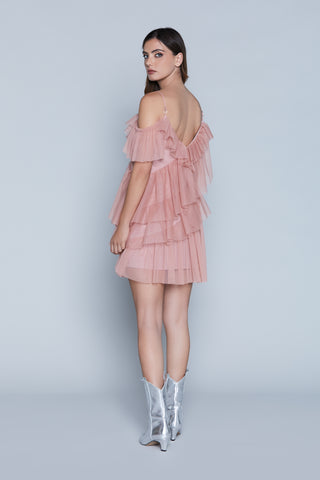 DAFFODILS short one-shoulder half-sleeve dress with ruffles and tulle flounces 