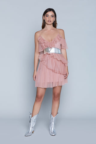 DAFFODILS short one-shoulder half-sleeve dress with ruffles and tulle flounces 