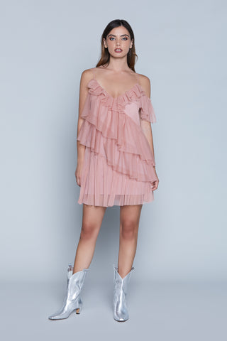 DAFFODILS short one-shoulder half-sleeve dress with ruffles and tulle flounces 