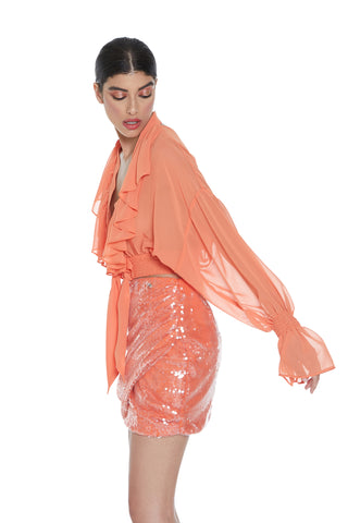 Camicia ALTERF scollo v profondo manica lunga con voilant più punto smock più bottoncini