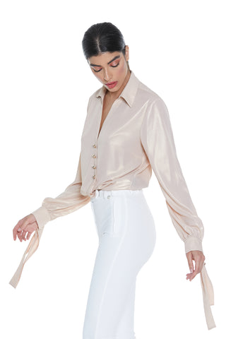 Camicia ALNAIR body manica lunga con fiocco scollo v incrocio più bott. Spalmato glitter