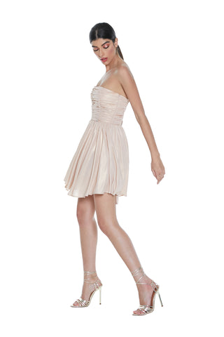 KANKA short bandeau dress with curls and pleats coated in glitter