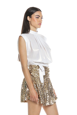 CORDIERITE half-sleeved blouse with open back pleats and plated georgette bow